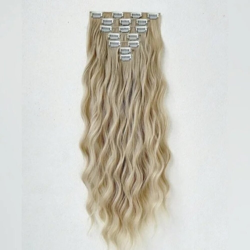 Human hair Blend 24 In Clip in light Ash Blonde Wavy Hair Extensions